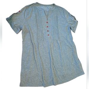 Teal Blue Pintuck Henley Top XL Wooden Button Soft Stretch Tee